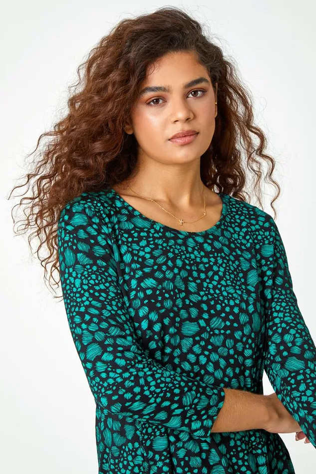 Green Spot Print Swing Stretch Top Women Roman Tops