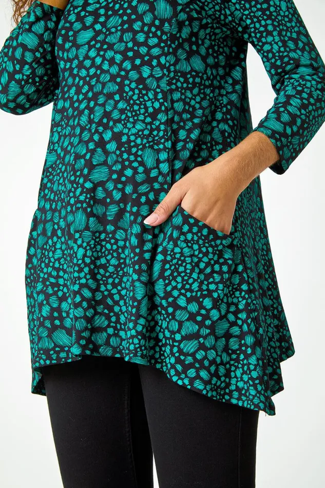 Green Spot Print Swing Stretch Top Women Roman Tops