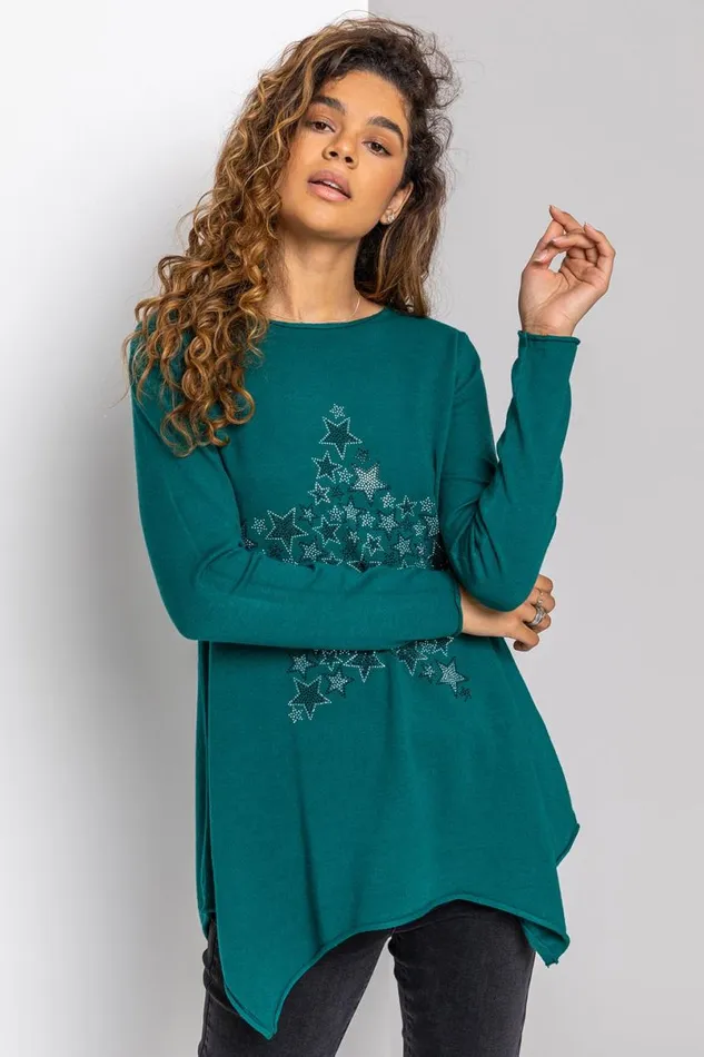 Green Star Print Embellished Tunic Top With Scarf Women Roman Tops