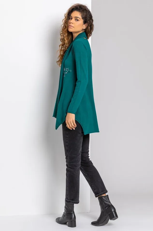 Green Star Print Embellished Tunic Top With Scarf Women Roman Tops