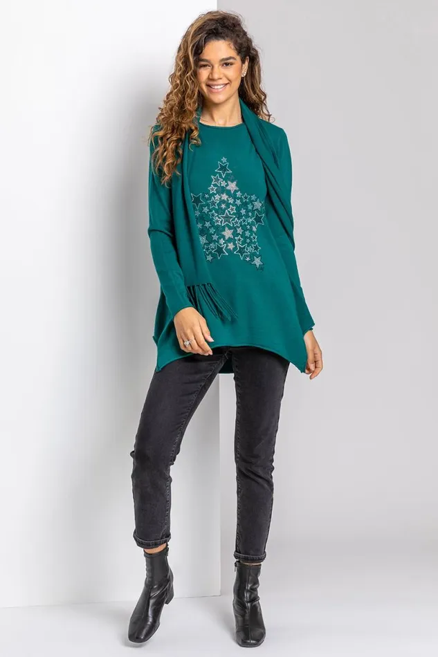 Green Star Print Embellished Tunic Top With Scarf Women Roman Tops