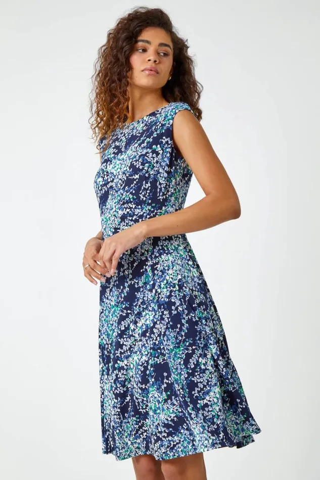 Green Textured Floral Print Ruched Dress Women Roman Dresses