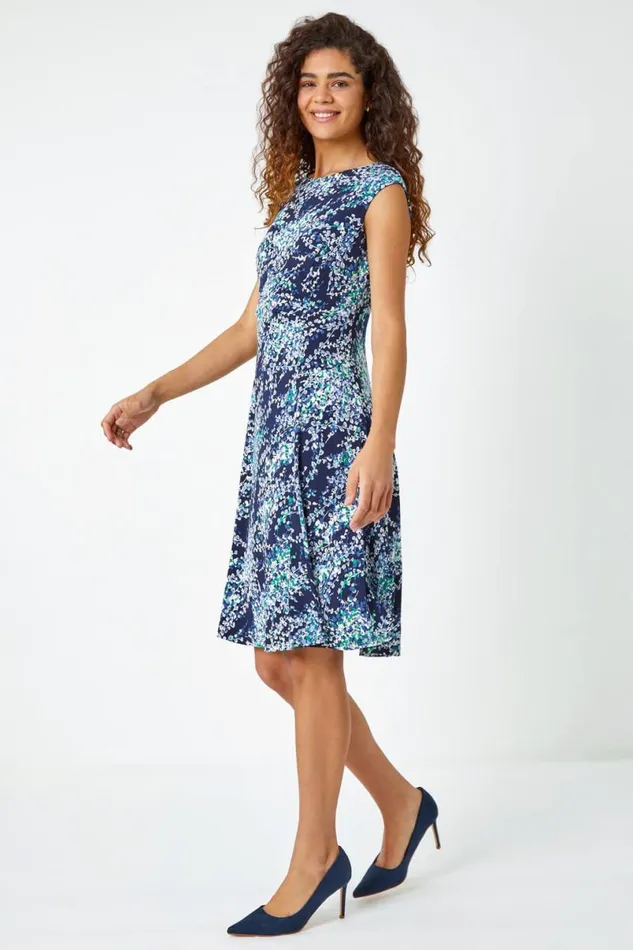 Green Textured Floral Print Ruched Dress Women Roman Dresses