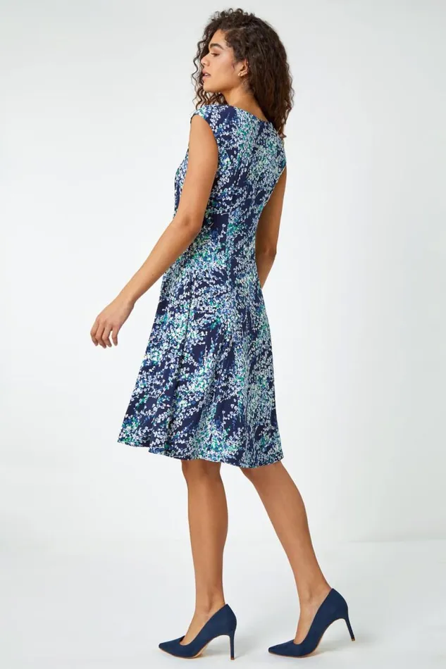 Green Textured Floral Print Ruched Dress Women Roman Dresses