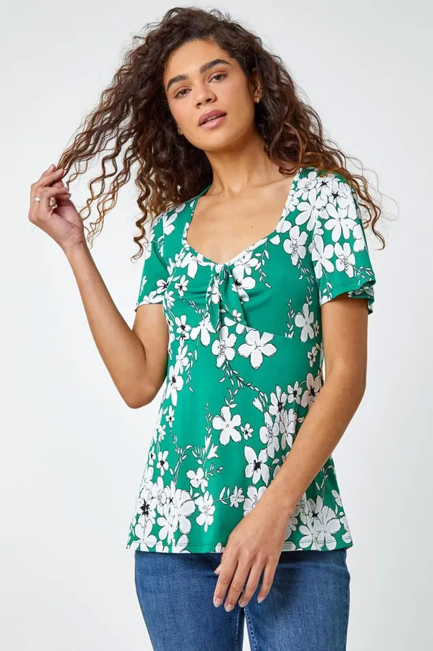 Green Textured Floral Print Ruched Top Women Roman Tops