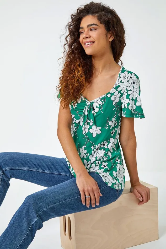 Green Textured Floral Print Ruched Top Women Roman Tops
