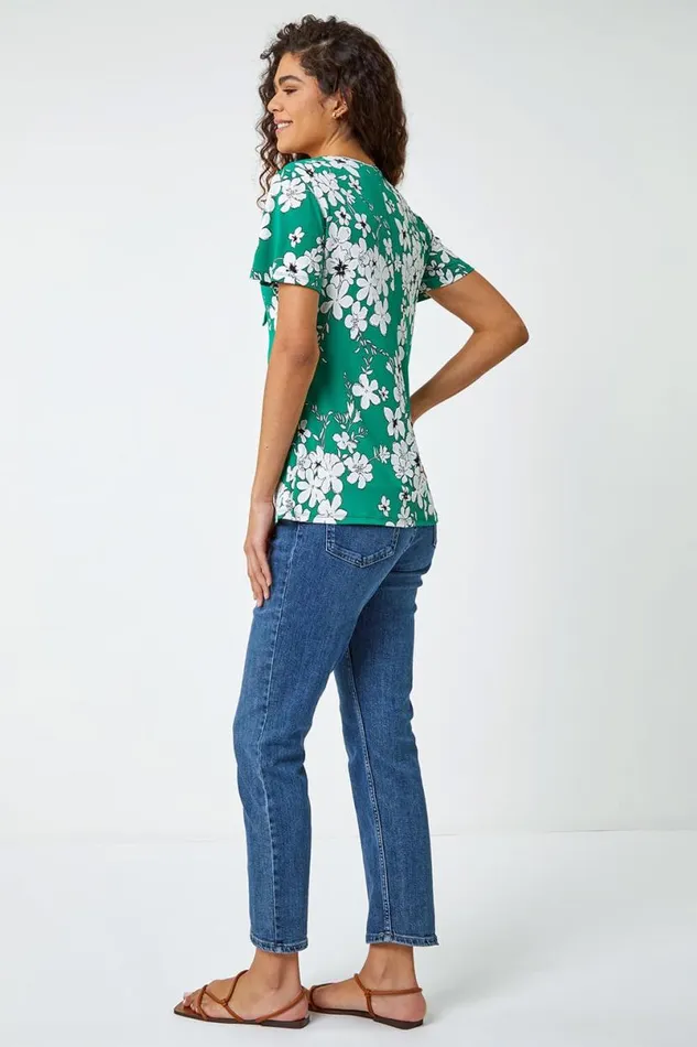 Green Textured Floral Print Ruched Top Women Roman Tops
