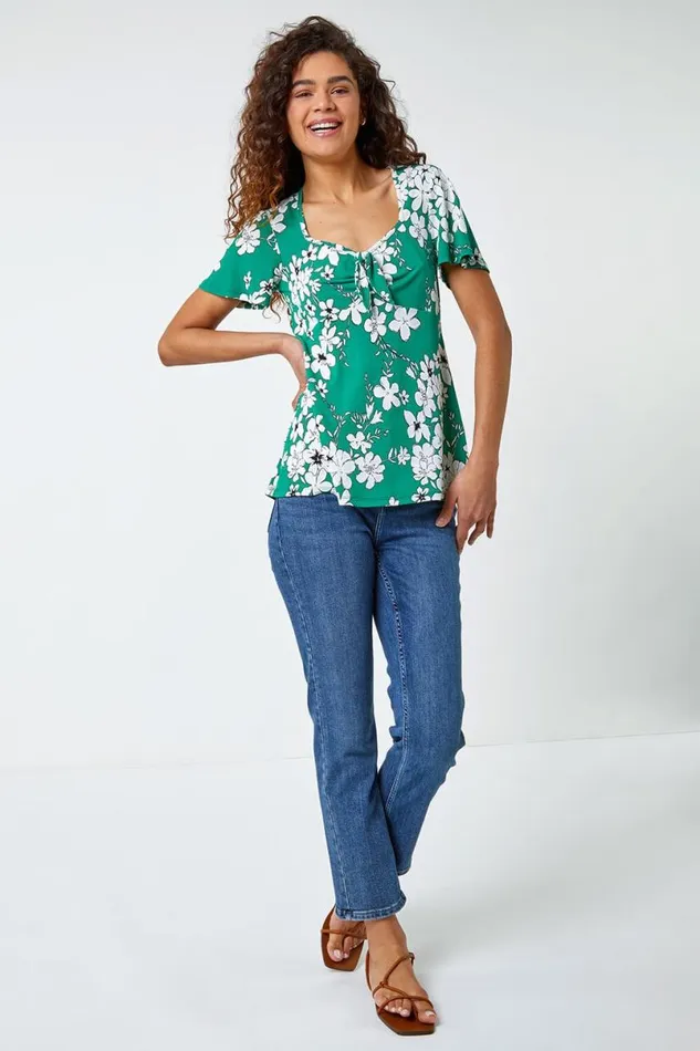 Green Textured Floral Print Ruched Top Women Roman Tops