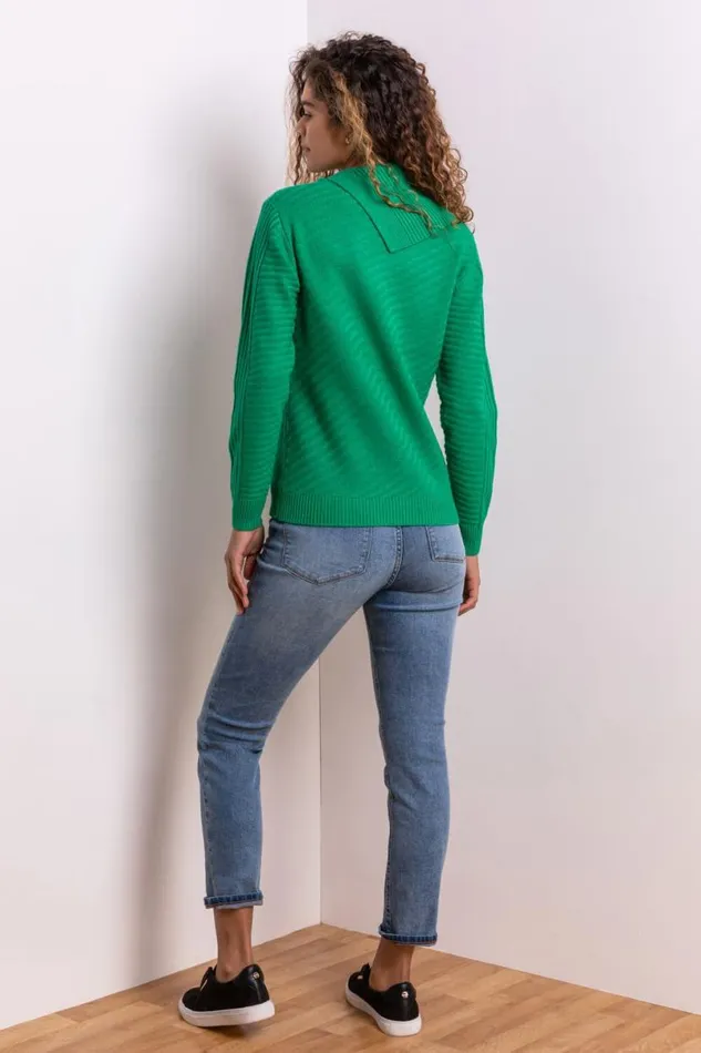 Green Textured Knit Split Neck Jumper Women Roman Knitwear