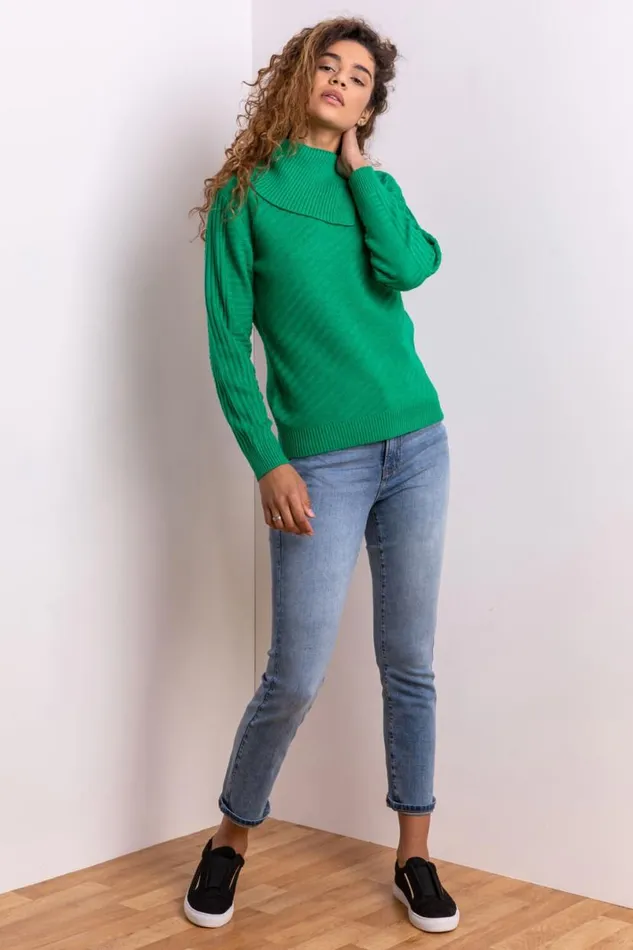 Green Textured Knit Split Neck Jumper Women Roman Knitwear