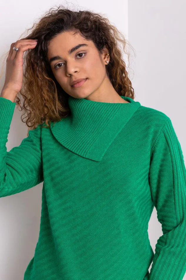 Green Textured Knit Split Neck Jumper Women Roman Knitwear