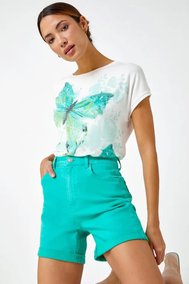Green Turn Up Cotton Stretch Shorts Women Roman Shorts