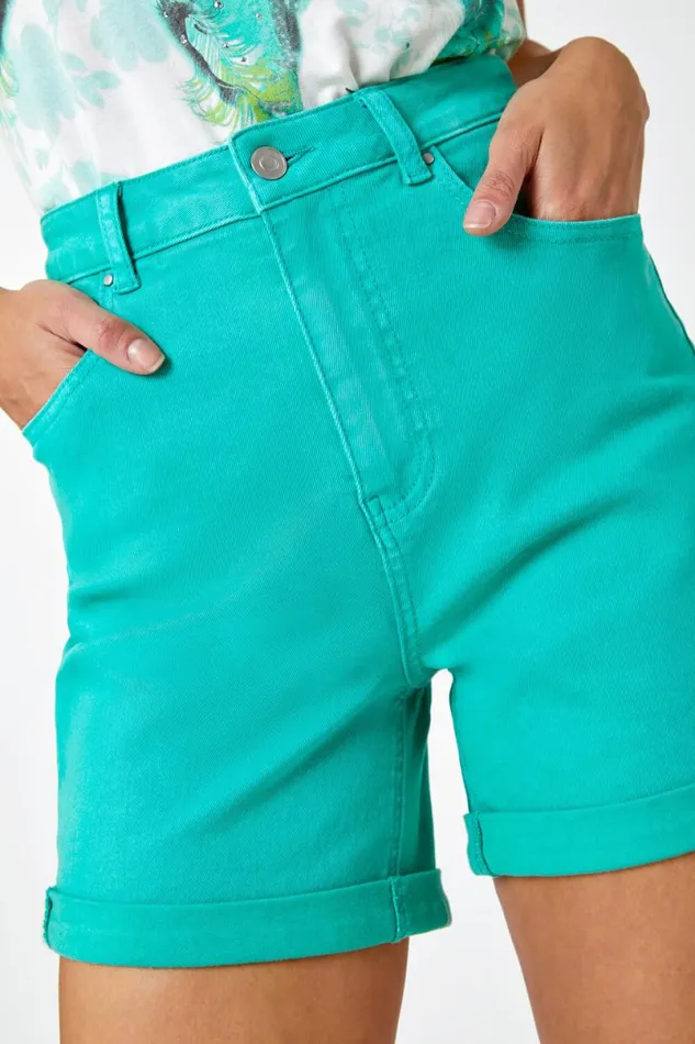 Green Turn Up Cotton Stretch Shorts Women Roman Shorts