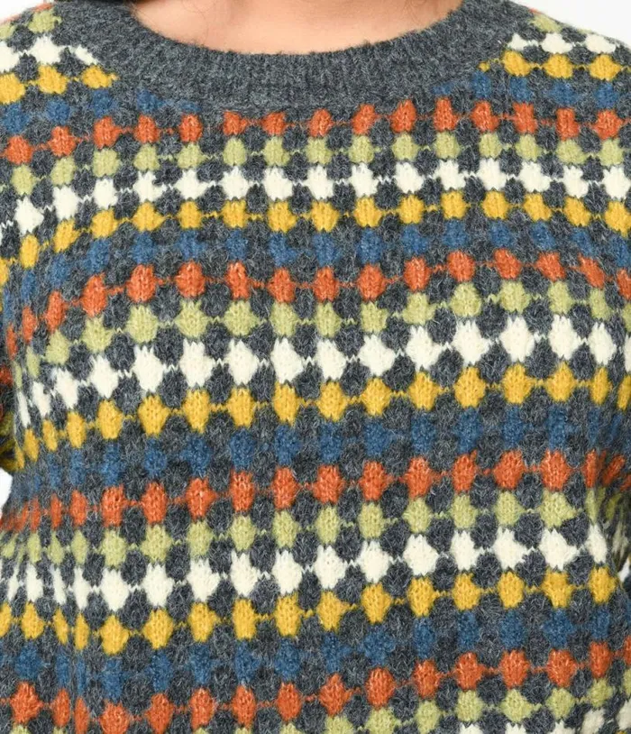Grey and Multicolor Diamond Knit Sweater Clothing Unique Vintage Sweaters and Cardigans