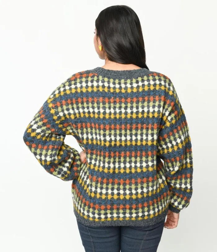 Grey and Multicolor Diamond Knit Sweater Clothing Unique Vintage Sweaters and Cardigans