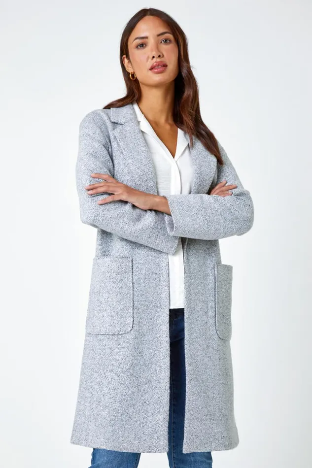 Grey Boucle Knit Longline Coatigan Women Roman Jackets