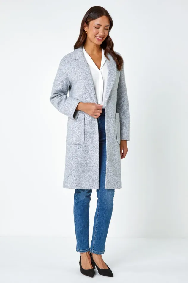Grey Boucle Knit Longline Coatigan Women Roman Jackets