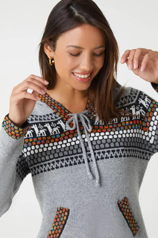 Grey Nordic Print Pocket Detail Hoodie Women Roman Tops