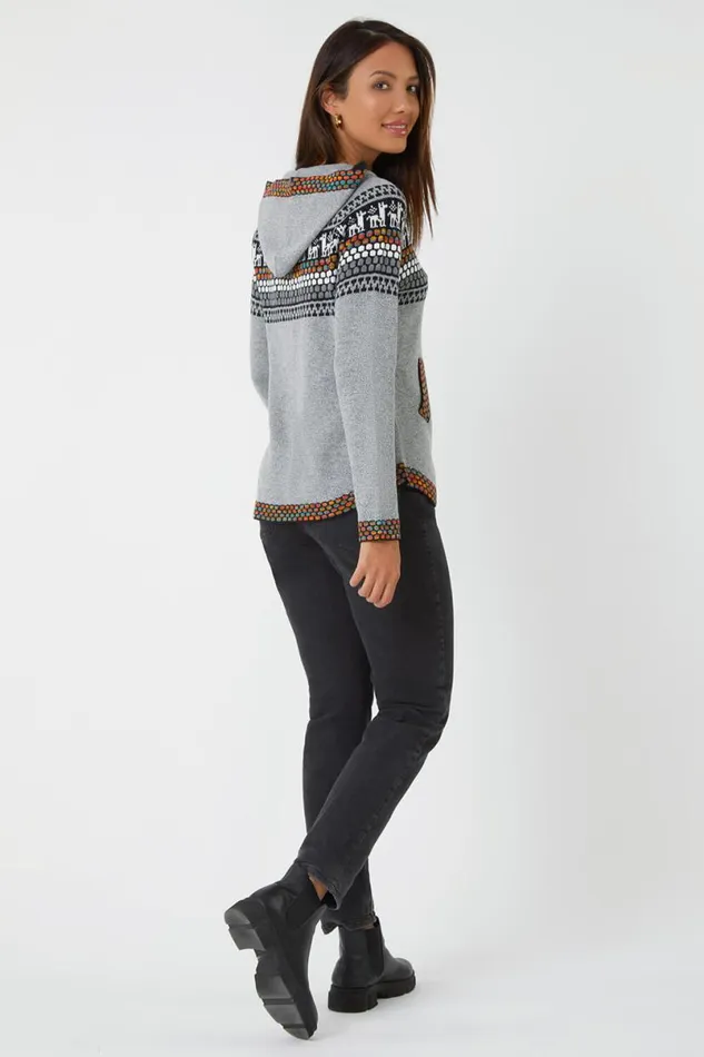 Grey Nordic Print Pocket Detail Hoodie Women Roman Tops