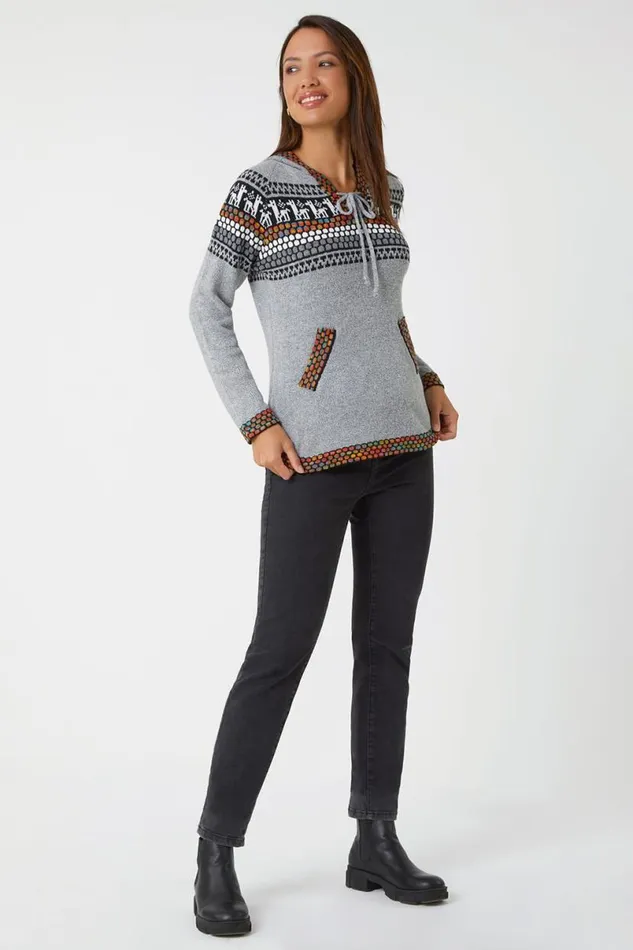 Grey Nordic Print Pocket Detail Hoodie Women Roman Tops