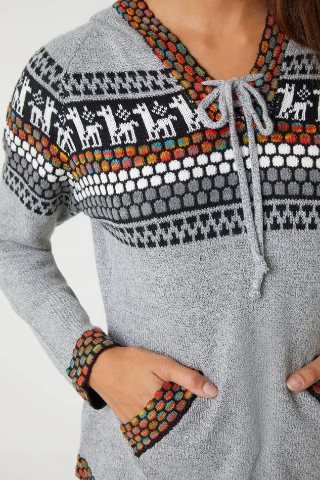 Grey Nordic Print Pocket Detail Hoodie Women Roman Tops
