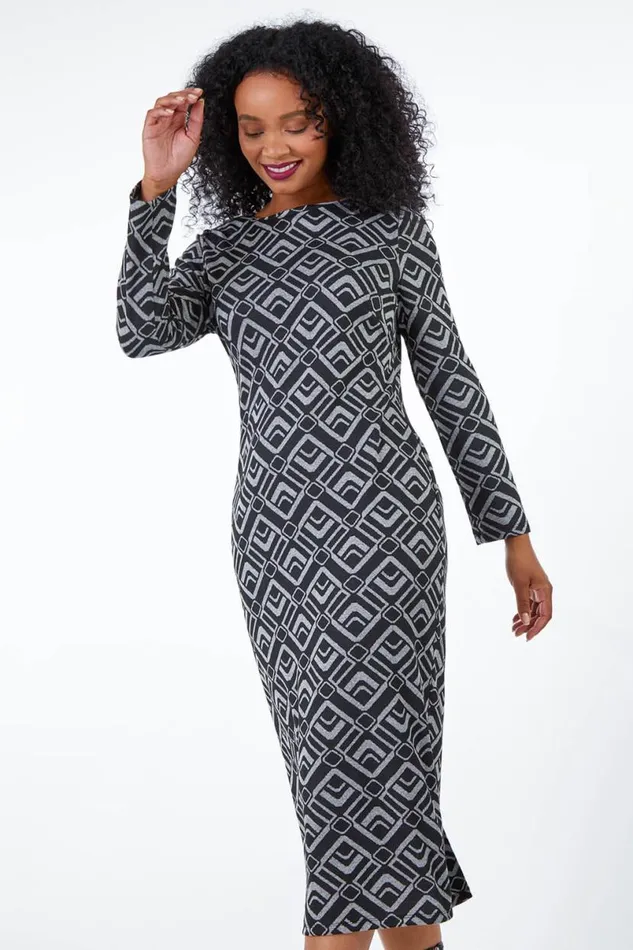 Grey Petite Geometric Midi Dress Women Roman Dresses