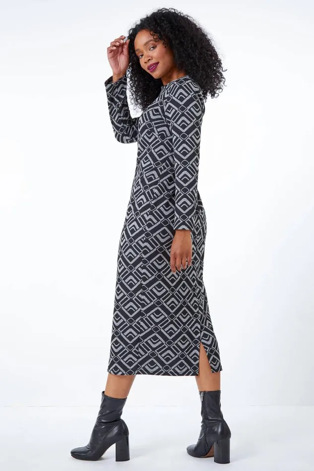 Grey Petite Geometric Midi Dress Women Roman Dresses