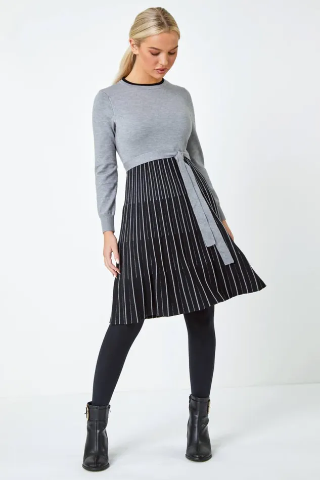 Grey Petite Knitted Fit and Flare Dress Women Roman Dresses