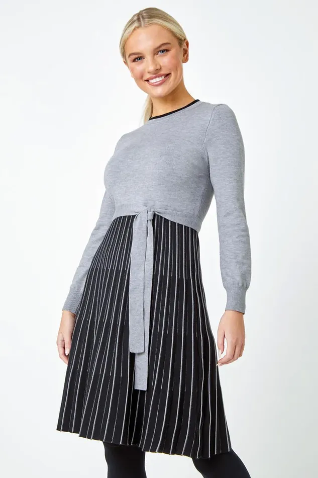 Grey Petite Knitted Fit and Flare Dress Women Roman Dresses