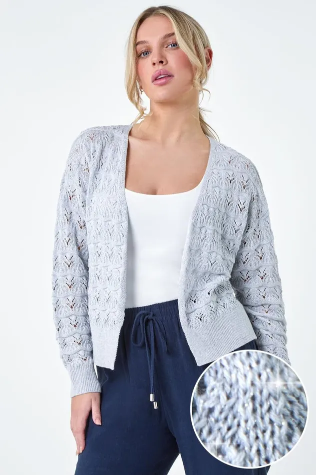 Grey Petite Shimmer Crochet Knit Cardigan Women Roman Knitwear
