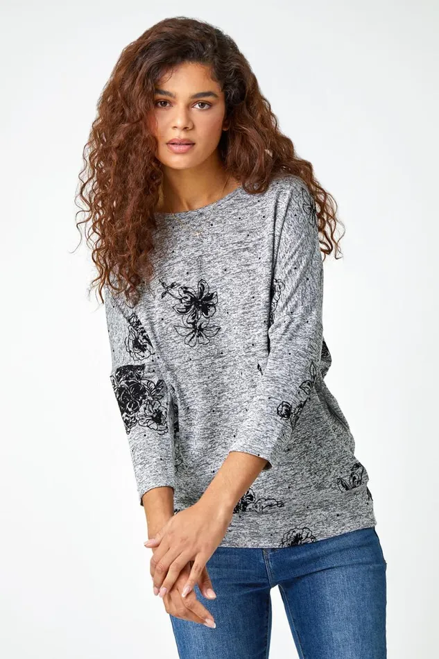 Grey Textured Floral Print Stretch Top Women Roman Tops