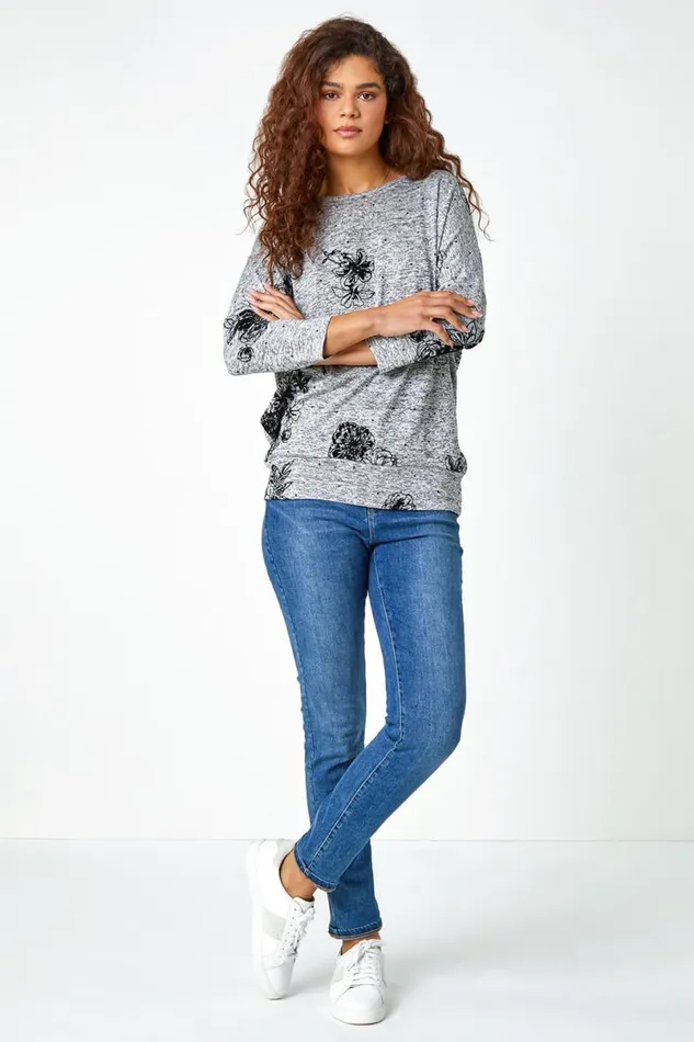 Grey Textured Floral Print Stretch Top Women Roman Tops