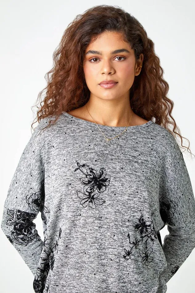 Grey Textured Floral Print Stretch Top Women Roman Tops