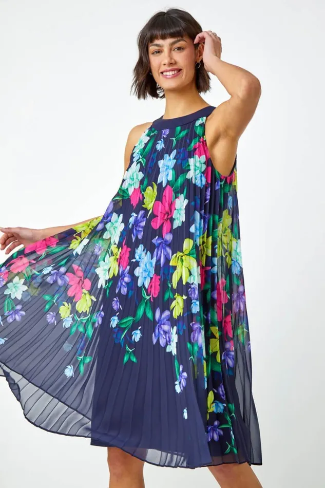 Halter Neck Floral Pleated Chiffon Swing Dress Women Roman Dresses
