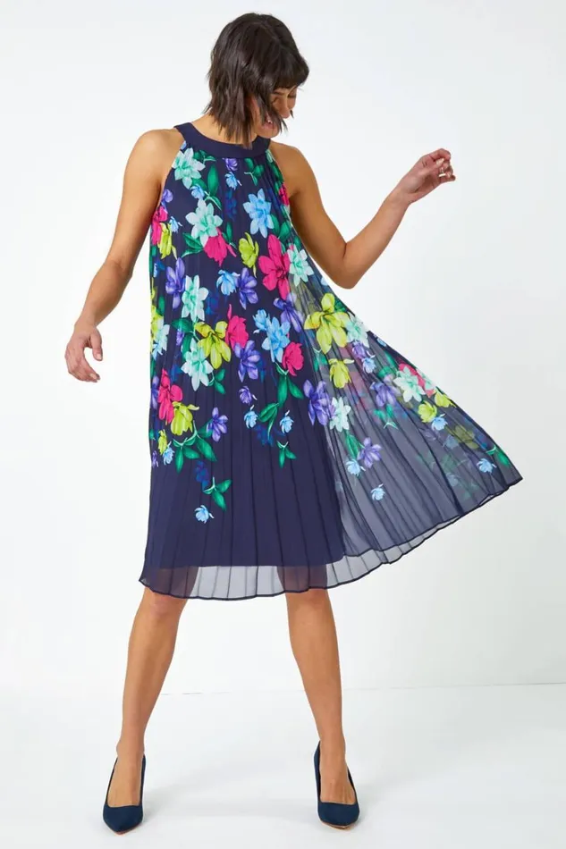 Halter Neck Floral Pleated Chiffon Swing Dress Women Roman Dresses