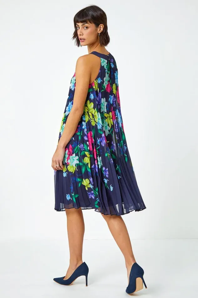 Halter Neck Floral Pleated Chiffon Swing Dress Women Roman Dresses