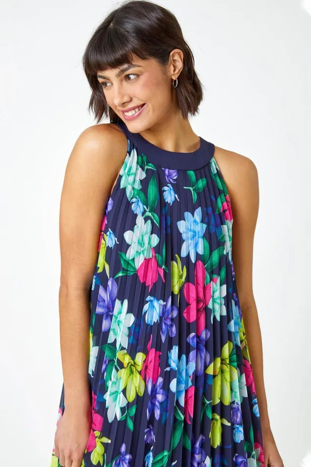 Halter Neck Floral Pleated Chiffon Swing Dress Women Roman Dresses
