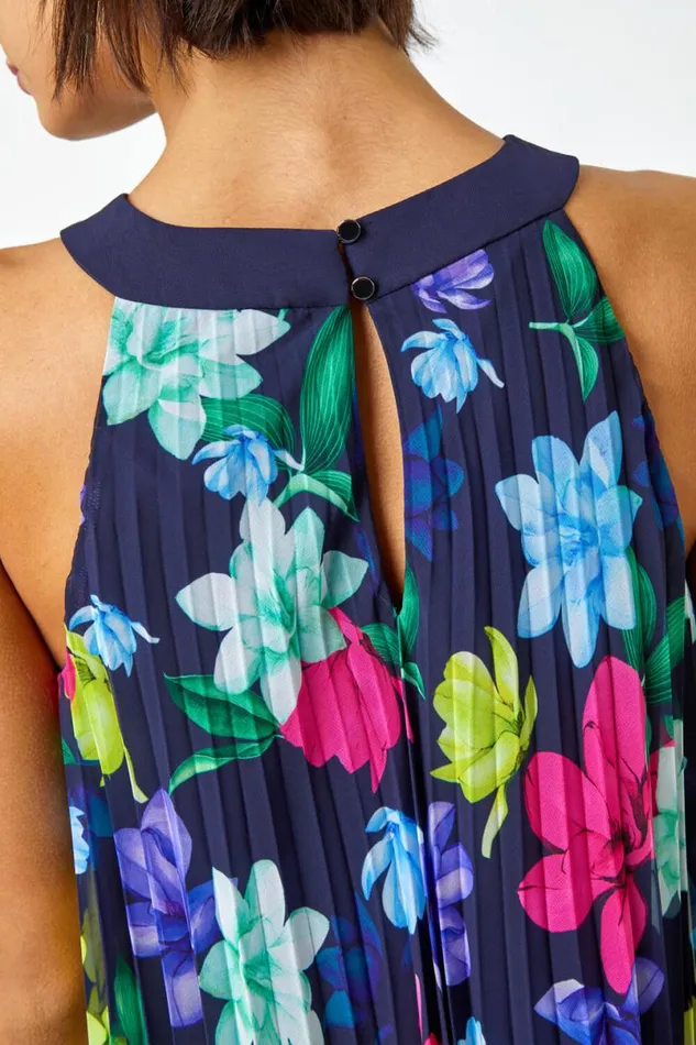 Halter Neck Floral Pleated Chiffon Swing Dress Women Roman Dresses