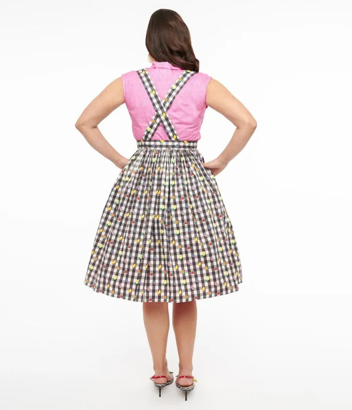 Hell Bunny 1950s Black and White Gingham and Fruit Cotton Pinafore Swing Skirt Clothing Unique Vintage Skirts