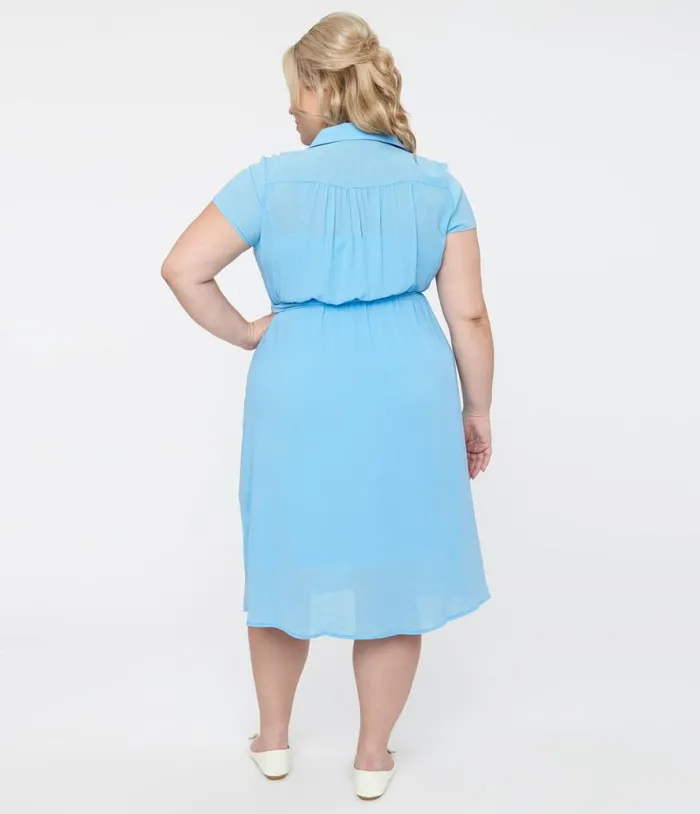 Hell Bunny Plus Size 1930s Baby Blue Chiffon Midi Pearl Dress Dresses Unique Vintage Midi