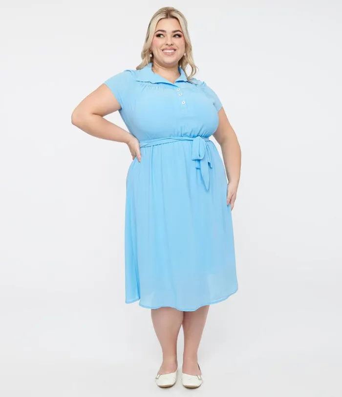 Hell Bunny Plus Size 1930s Baby Blue Chiffon Midi Pearl Dress Dresses Unique Vintage Midi