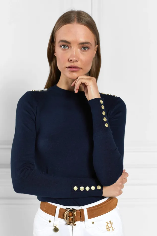 Holland Cooper Buttoned Knit Crew Neck Ink Navy Women Knitwear