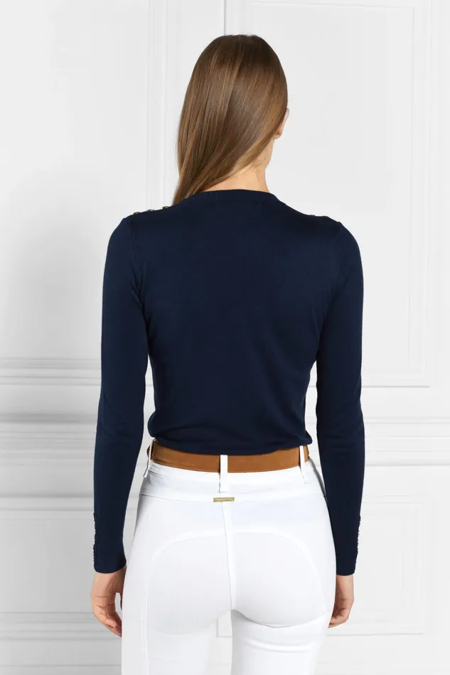 Holland Cooper Buttoned Knit Crew Neck Ink Navy Women Knitwear