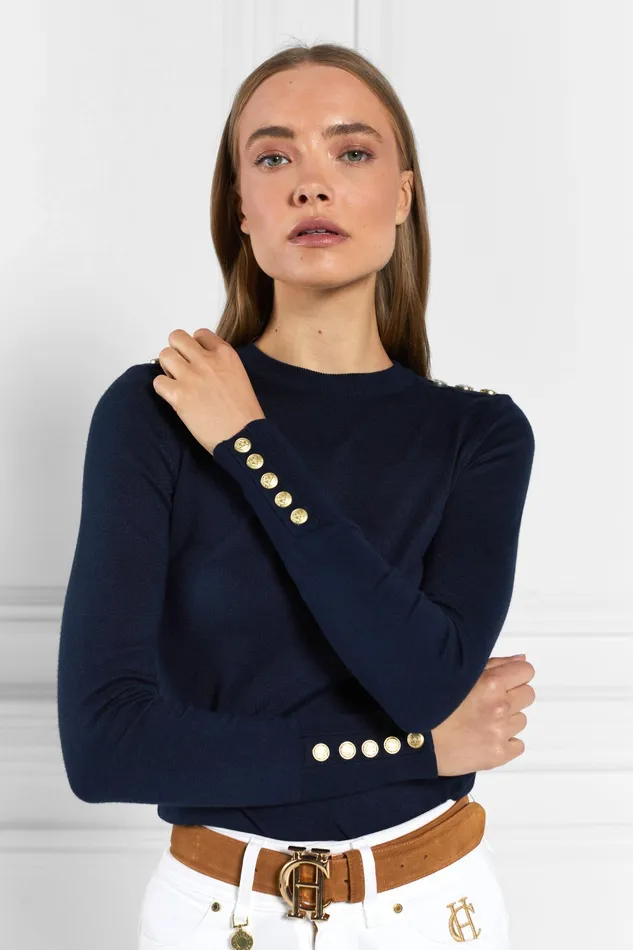 Holland Cooper Buttoned Knit Crew Neck Ink Navy Women Knitwear