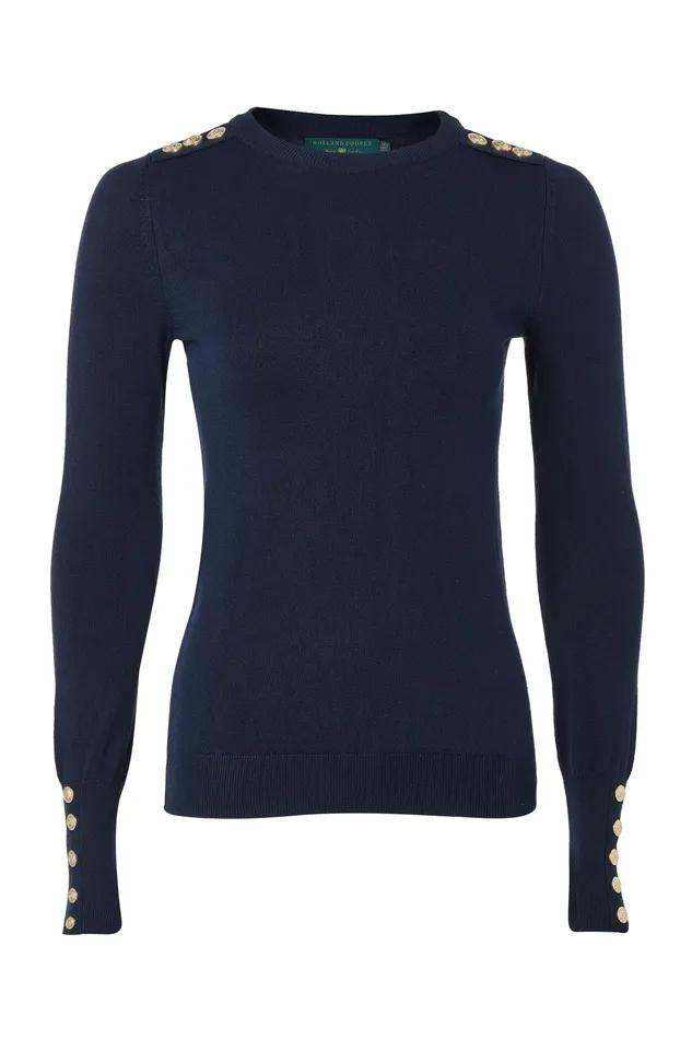 Holland Cooper Buttoned Knit Crew Neck Ink Navy Women Knitwear