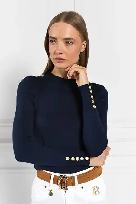 Holland Cooper Buttoned Knit Crew Neck Ink Navy Women Knitwear
