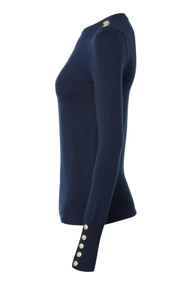 Holland Cooper Buttoned Knit Crew Neck Ink Navy Women Knitwear