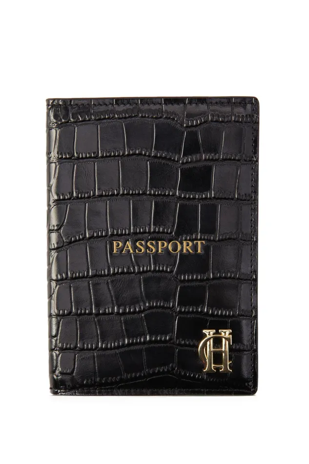 Holland Cooper Chelsea Passport Holder Black Croc WomenMen Small Leather Goods