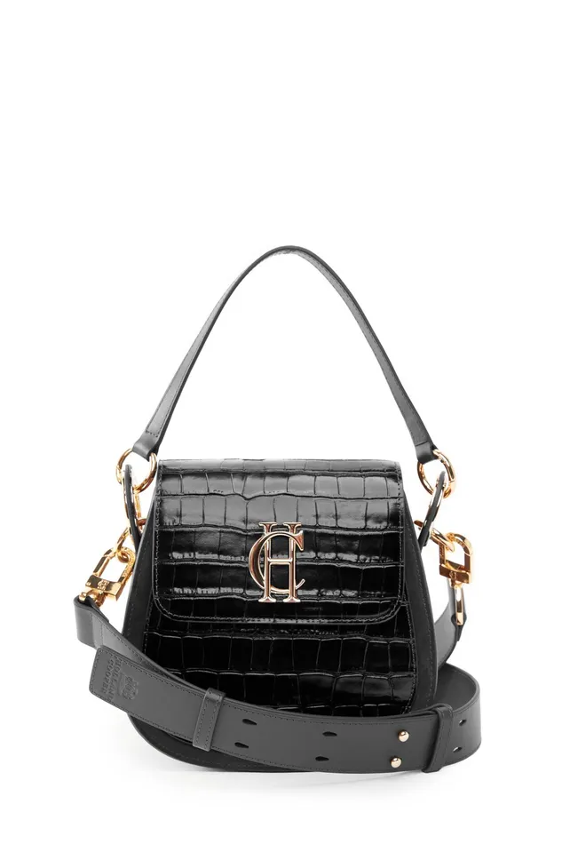 Holland Cooper Chelsea Saddle Bag Black Croc Women Bags