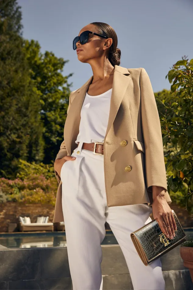 Holland Cooper Double Breasted Blazer Camel Twill Women Tailoring